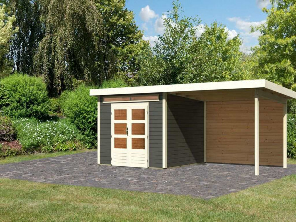 Tuinhuis SET Kandern 6 28 mm terragrijs, incl. 3,2 m aanbouwdak + achterwand