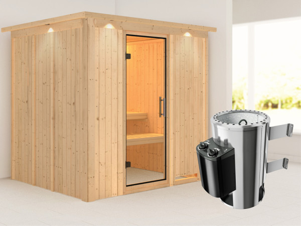 Systeemsauna Daria met dakkraag, transparent glazen deur + Plug & Play saunakachel met besturing