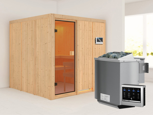 Sauna OULU met gebronsde glazen deur + 9 kW Bio-Combi-kachel met ext. besturing