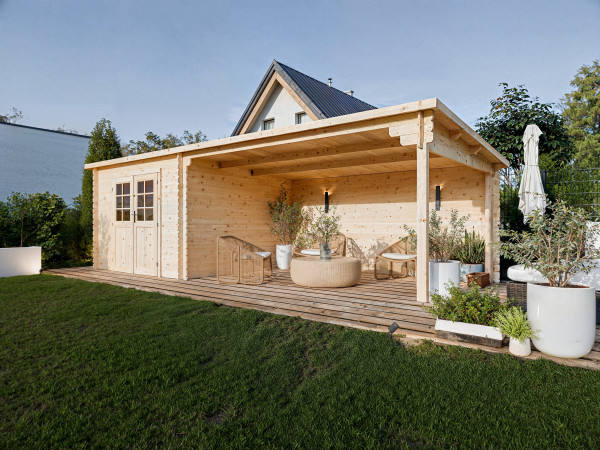 Tuinhuis blokhut CA2978 28 mm onbehandeld met 4 m aanbouw