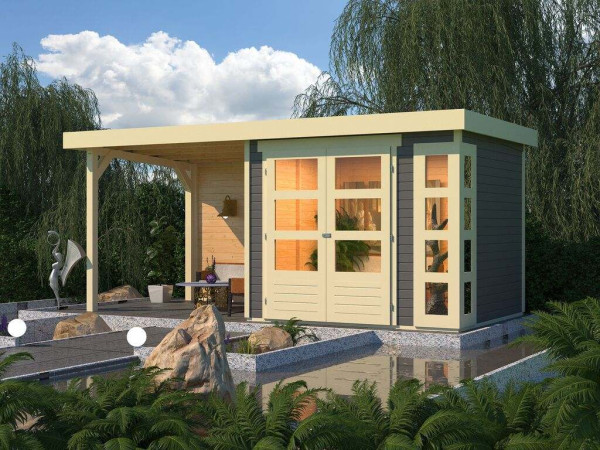 Tuinhuis SET Kerko 3 19 mm terragrijs, incl. 2,4 m aanbouwdak + achterwand