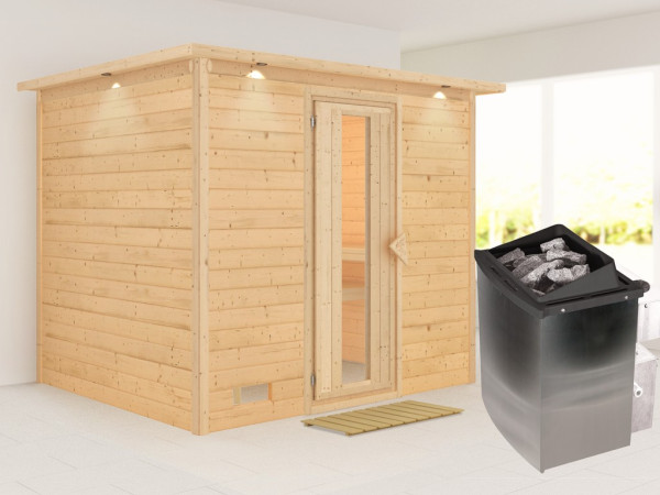 Massieve sauna Sonara met dakkraag, houten deur met geïsoleerd glas, incl. 9kW kachel int. besturing