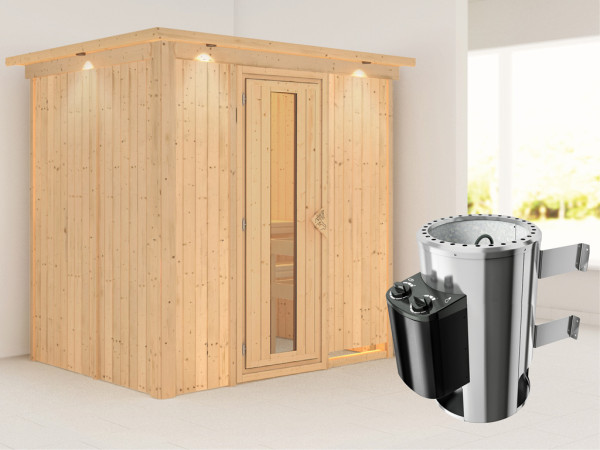 Systeemsauna Fanja met dakkraag, energiebesparende deur + Plug & Play saunakachel met besturing