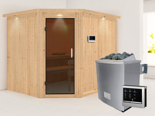 Systeemsauna Malin met dakkraag, grafiet glazen deur, incl. 9 kW saunakachel ext. besturing