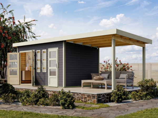 Tuinhuis Zweiraumhaus "Appelhorn" 28 mm terragrijs incl. 2,6 m aanbouwdak