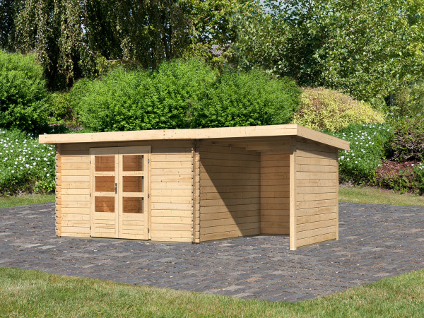 Tuinhuisje blokhut SET Bastrup 7 28mm natuurlijke afwerking, incl. 2 m lessenaarsdak+zij--achterwand
