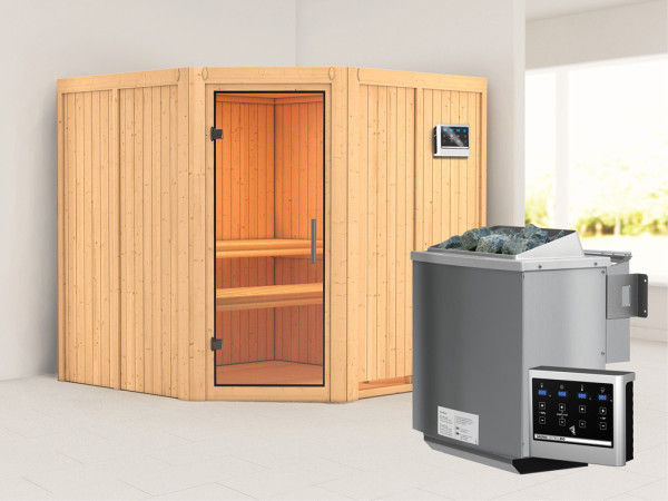 Systeemsauna Jarin transparent glazen deur + 9 kW Bio-Combi-kachel met ext. besturing