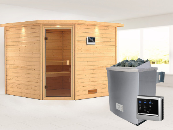 Massieve sauna Leona met dakkraag, kompleet transparente gebronsde glazen deur + 9kW saunakachel met