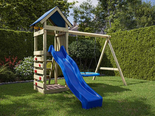Geïmpregneerde speeltoren "Easy" incl. dubbele schommel, blauwe glijbaan en nestschommel