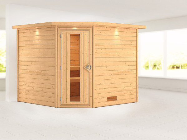 Massieve sauna Leona met dakkraag, houten deur met Isolierverglasung