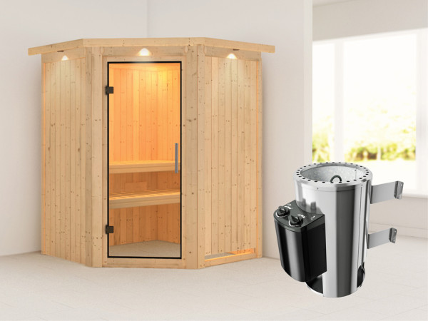 Systeemsauna Nanja met dakkraag, transparent glazen deur + Plug & Play saunakachel met besturing