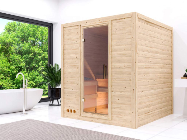 Karibu massief houten sauna Premium sauna 38mm Eva SPARSET incl. 9 kW saunakachel en extra bediening