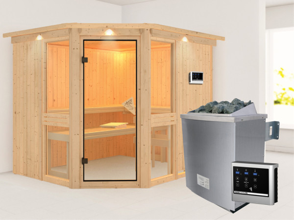 Systeemsauna Amelia 3 met dakkraag, incl. 9 kW saunakachel ext. besturing