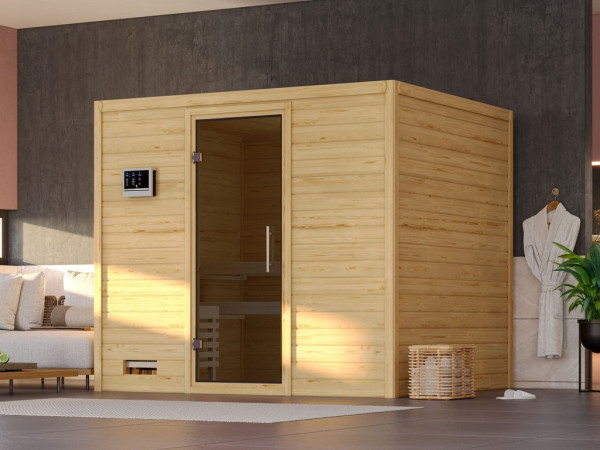 Massieve sauna Sonara grafiet glazen deur, incl. 9 kW Bio-Combi-kachel ext. besturing