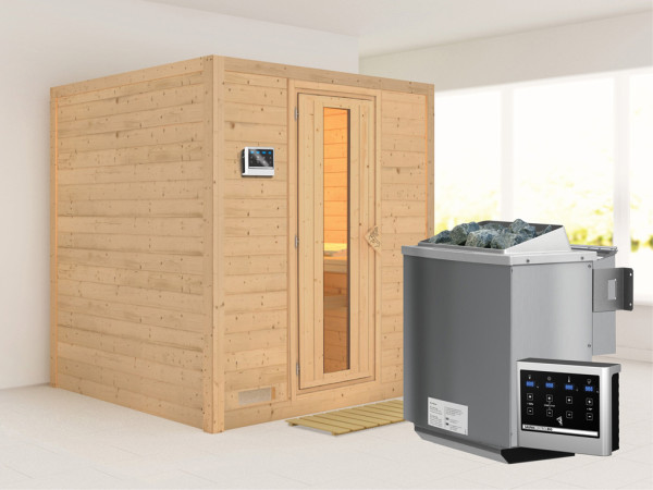 Massieve sauna Mojave houten deur met geïsoleerd glas, incl. 9 kW Bio-kachel ext. besturing