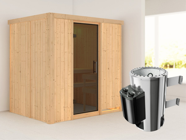 Systeemsauna Fanja grafiet glazen deur + Plug & Play saunakachel met besturing