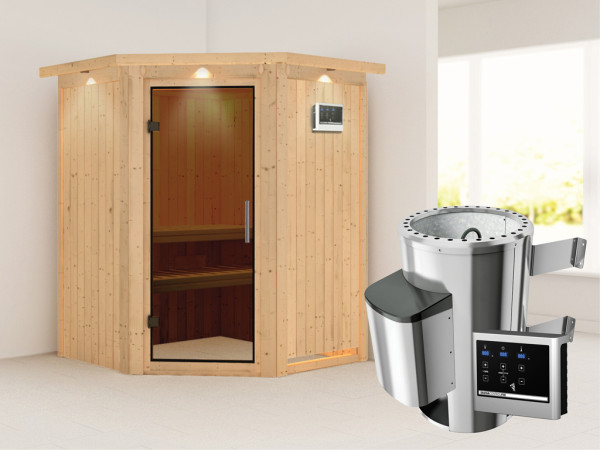 Systeemsauna Nanja met dakkraag, grafiet glazen deur + Plug & Play saunakachel met ext. besturing