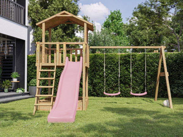 Geïmpregneerde speeltoren Tilly Classic met dubbele schommel incl. roze glijbaan en roze schommelzit