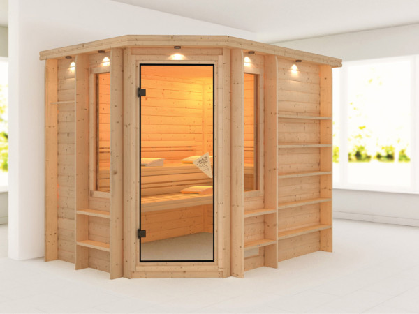 Massieve sauna Riona met gebronsde glazen deur