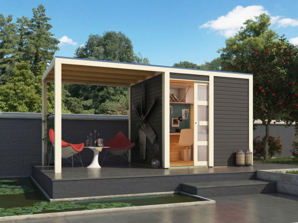 Tuinhuis Qubic-Cubino 19 mm terragrijs incl. 2,4 m aanbouwdak
