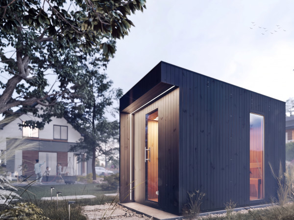 Buitensauna Musta 72mm met glazen deur, zwart gelazuurd, met LED verlichting