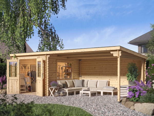 Tuinhuis blokhut CA2978 28 mm onbehandeld met 4 m aanbouw