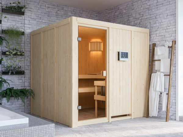 Sauna OULU met gebronsde glazen deur + 9 kW saunakachel ext. besturing