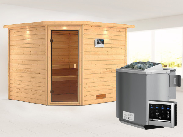 Massieve sauna Leona met dakkraag, kompleet transparente gebronsde glazen deur+9kW Bio-Combi-kachel