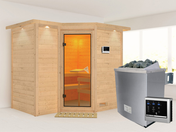 Massieve sauna Sahib 2 met dakkraag, kompleet transparente gebronsde glazen deur, incl. 9kW kachel