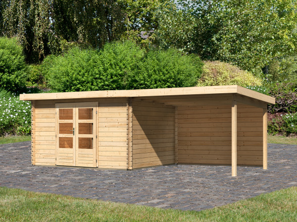 berging blokhut SET Bastrup 7 28 mm natuurlijke afwerking, incl. 3 m verlenging dak + achterwand