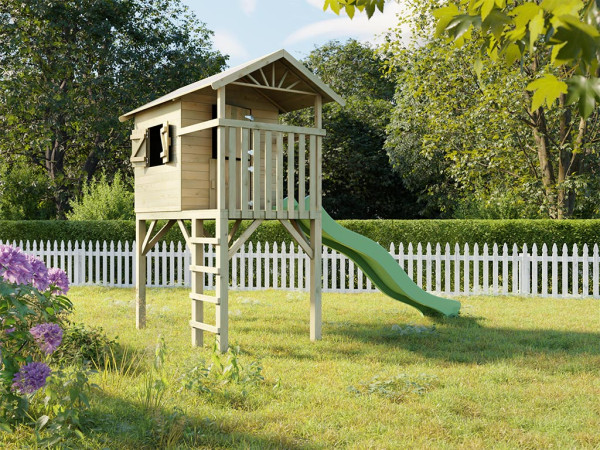 Geïmpregneerd speelhuisje op palen "Tree Hut" incl. groene glijbaan