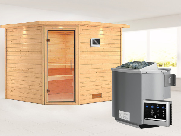 Massieve sauna Leona met dakkraag, transparent glazen deur + 9kW Bio-Combi-kachel met ext. besturing