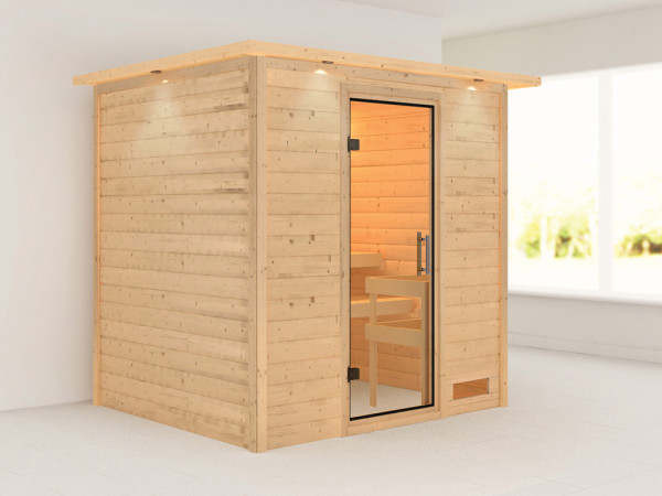 Massieve sauna Anja met dakkraag, incl. 4,5 kW kachel met int. besturing