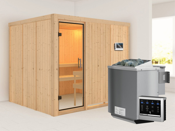 Systeemsauna Gobin transparent glazen deur + 9 kW Bio-Combi-kachel met ext. besturing