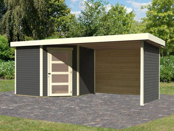Tuinhuis Schwandorf 5 19 mm terragrijs incl. 2,8 m aanbouwdak + zij- en achterwand