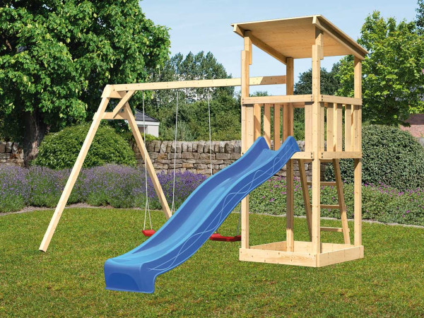 Speeltoren SET Anna naturel incl. glijbaan blauw + dubbele schommel