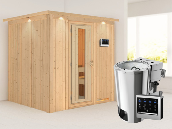 Systeemsauna Daria met dakkraag, energiebesparende deur, Plug & Play Bio-kachel met ext. besturing