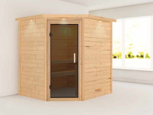 Massieve sauna Mia met dakkraag, grafiet glazen deur