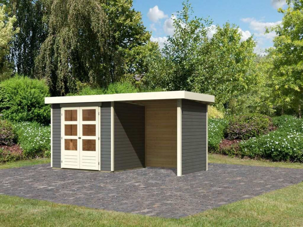 Tuinhuisje Askola 3 19 mm terra grijs incl. 2,4 m aangebouwd dak + zij- en achterwand