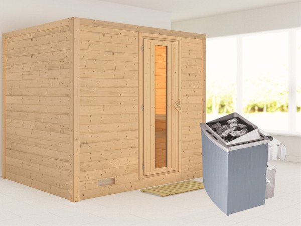 Massieve sauna Sonara houten deur met geïsoleerd glas, incl. 9 kW saunakachel int. besturing