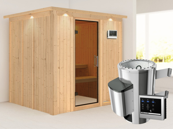 Systeemsauna Daria met dakkraag, grafiet glazen deur + Plug & Play saunakachel met ext.besturing