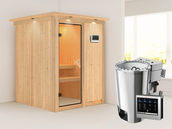 Systeemsauna Minja met dakkraag, incl. Plug & Play Bio-kachel externe besturing