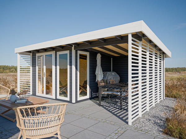 Tuinhuis Homeoffice Arvo 28 mm antraciet-wit met 250 cm aanbouw