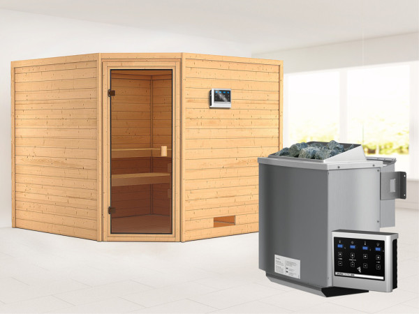 Massieve sauna Leona kompleet transparente gebronsde glazen deur + 9kW Bio-Combi-kachel met