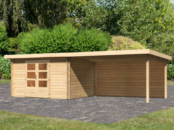 berging blokhut SET Bastrup 7 28 mm natuurlijke afwerking, incl. 4 m verlenging dak + achterwand