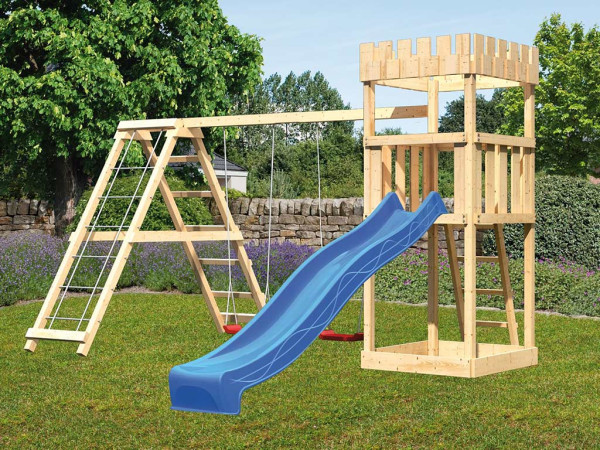 Speeltorenset ridderkasteel Leeuwenhart naturel incl. glijbaan blauw + dubbele schommel + klimrek