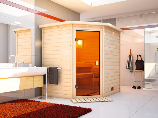Massieve sauna Mia met dakkraag, incl. 4,5 kW kachel met int. besturing