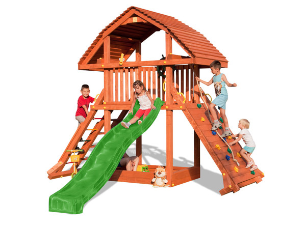 Speeltoren Giant teakkleurig incl. glijbaan groen