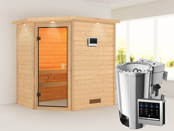 Sauna Jella met gebronsde glazen deur en dakkraag + 3,6 kW Plug & Play Bio-kachel ext. besturing