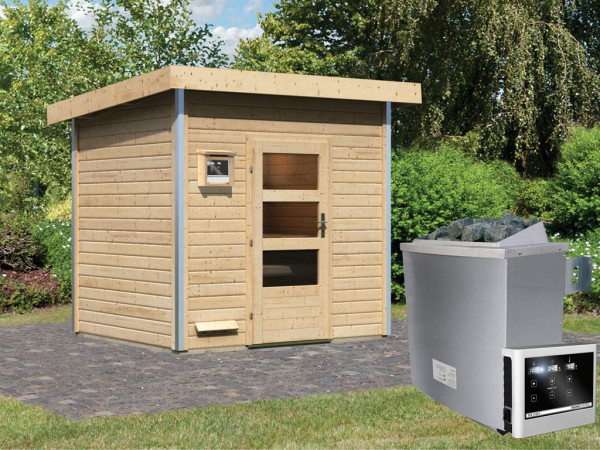 Saunahuis Norge met transparente glazen deur, incl. 9 kW saunakachel met ext. besturing